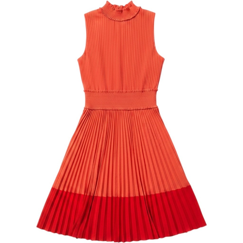 Nanette Lepore Pleated Midi Dress 10 Orange Red Smocked High Neck Colorblock